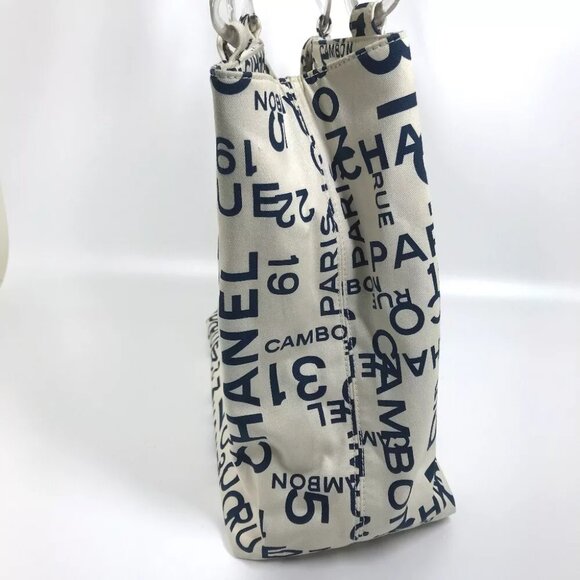 CHANEL By the Sea CC Mark Clear Chain Shoulder Tote Bag Canvas White x navy - Picture 11 of 12